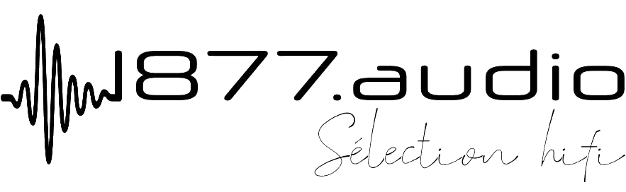 Logo 1877.audio sur fond transparent avec une onde, le nom permettant de planifier l'itinéraire jusqu'à 1877.audio et le slogan en écriture manuelle "Sélection hifi"