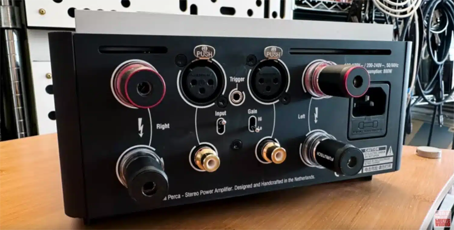 Audiophiliac, Steve Guttenberg filme la face arrière du Mola-Mola Perca qui montre notamment ses connecteurs RCA et XLR en entrée et les borniers pour hauts-parleurs en sortie