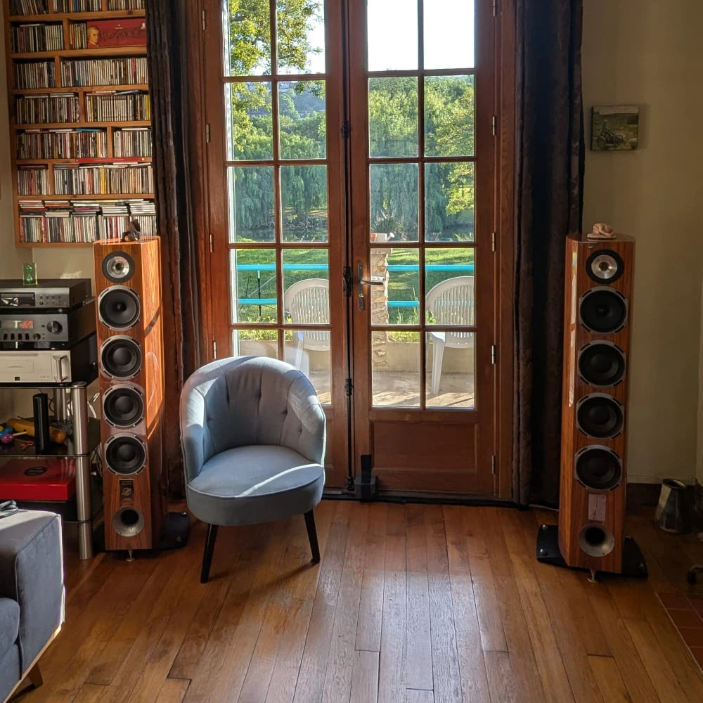 Paire d'enceintes TRIANGLE Magellan couleur chêne dans une salon avec du parquet