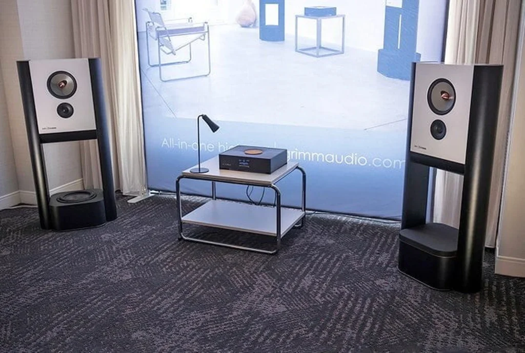 Grimm Audio LS1c loudspeaker and Grimm MU1 streamer system, noted for elegance and musicality