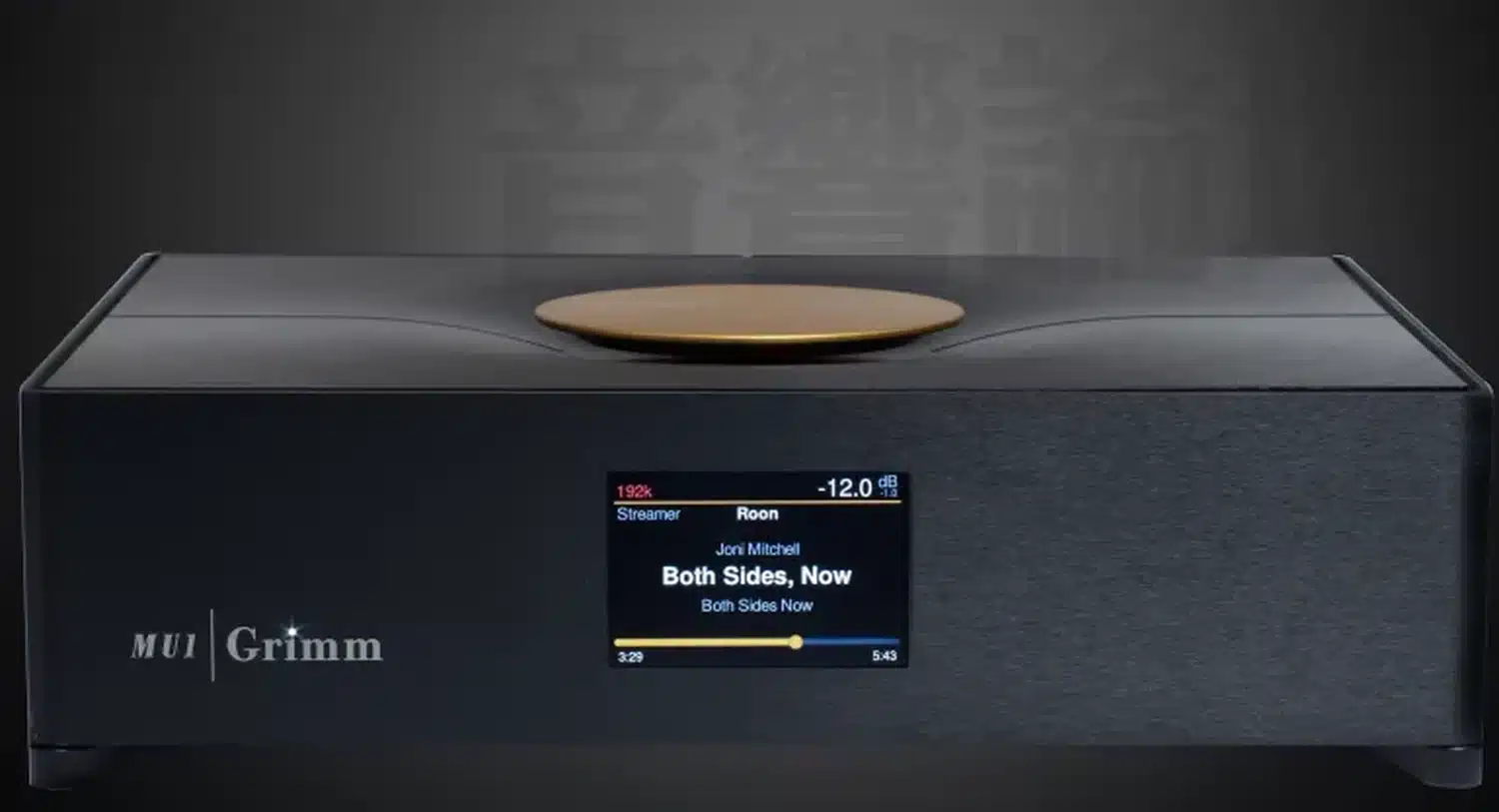 Un appareil de streaming GRIMM AUDIO MU1 haut de gamme avec un écran affichant la chanson "both side, now" de Joni Mitchell et diverses options de lecture (par 1877.audio)