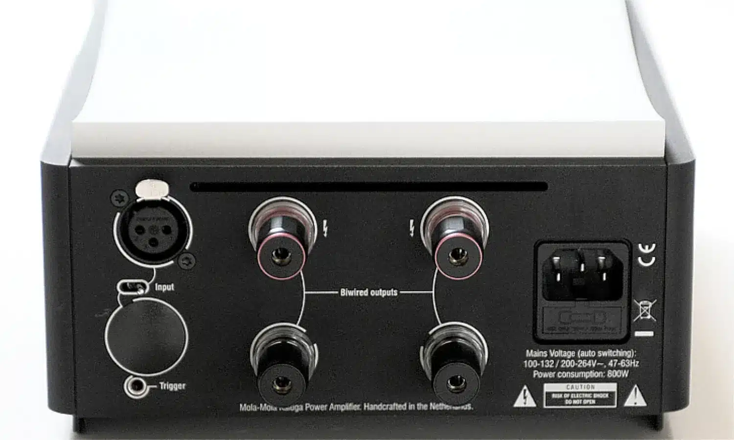 Vue arrière d'un amplificateur de puissance audio MOLA-MOLA Kaluga haut de gamme montrant divers ports de connexion et informations électriques (par 1877.audio)