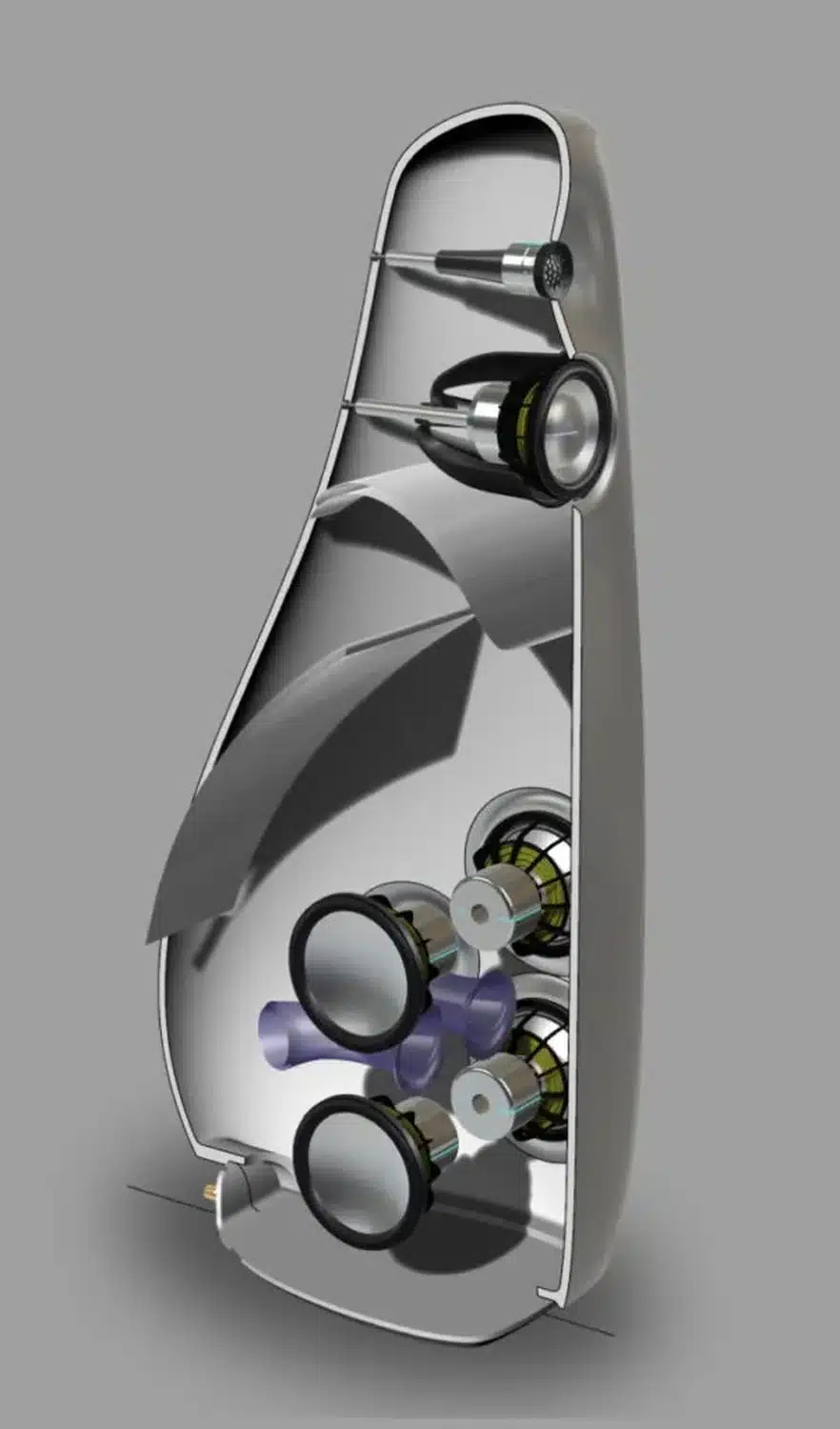 Image en coupe d'une enceinte Vivid Audio Kaya 90 dans laquelle on peut voir les haut-parleurs eux-même en vue éclatée (par 1877.audio)