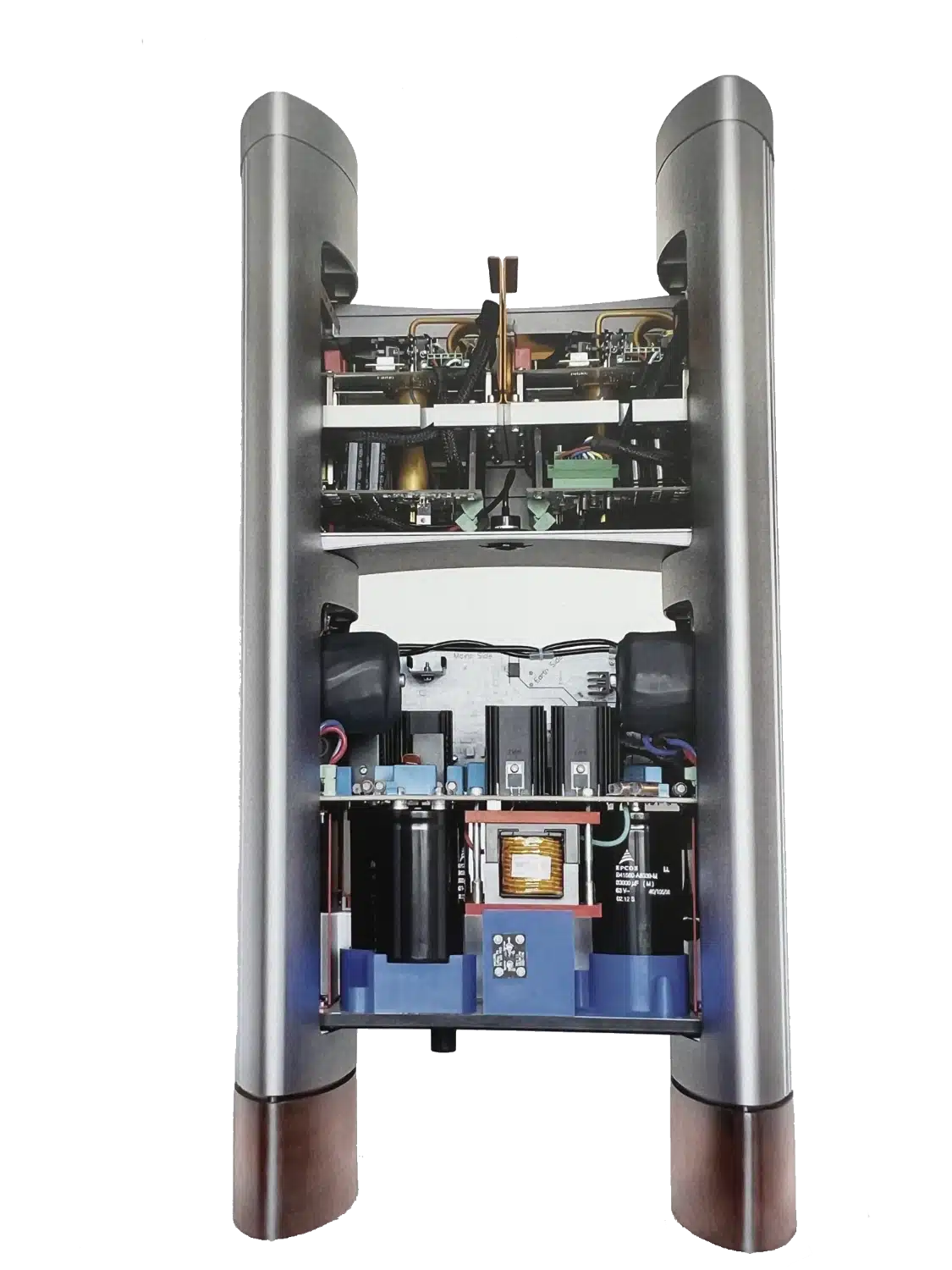 Vue en coupe d'un amplificateur Halcro Eclipse avec ses composants internes visibles, notamment des condensateurs, des transistors, une alimentation et du câblage, logés entre deux pieds métalliques verticaux (par 1877.audio)