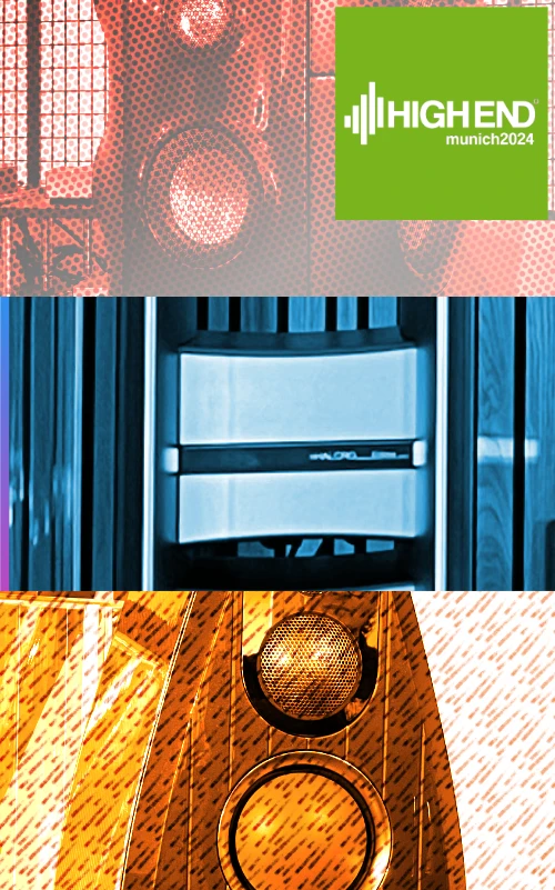 Slider version mobile stylisé de présentation de l'article concernant le salon de Munich 2024, avec à gauche une enceinte Vivid Audio Moya, au centre un amplificateur Halcro Eclipse et à droite une enceinte Marten Coltrane Quintet