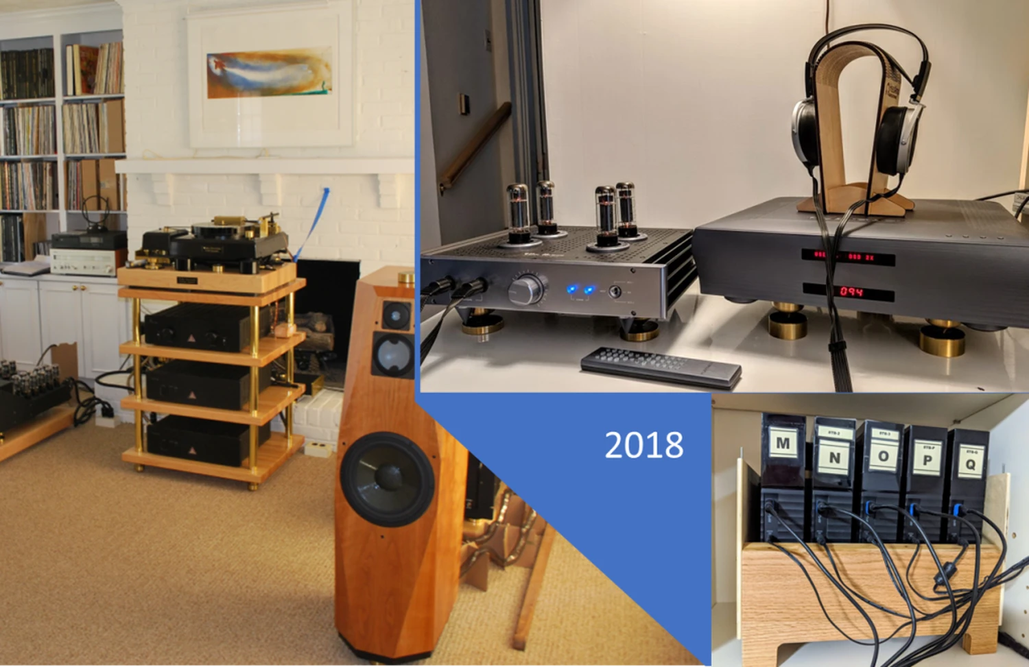 Un collage de photos représentant des équipements audio haut de gamme dans une salle d'écoute, comprenant des haut-parleurs, des amplificateurs et une configuration de casque à base de Playback Designs MPD-8 (par 1877.audio)